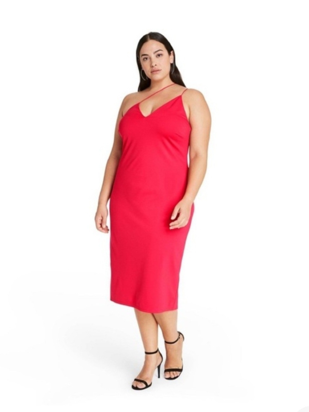 Cushine Plus Red Asymmetric-Strap Midi Dress